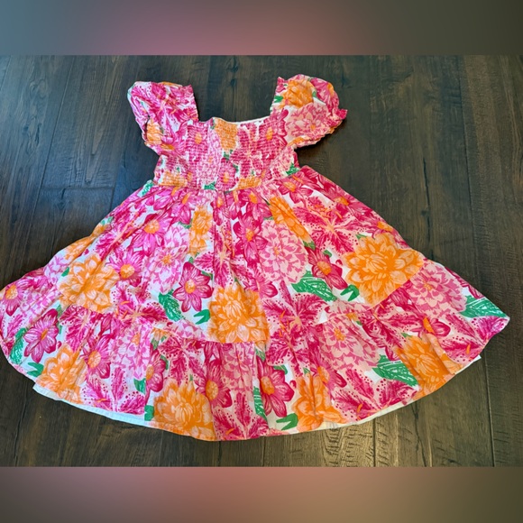 Girls Pink and Orange Floral Dress with ruffle puff sleeves | Size 6 |Never Worn - Picture 2 of 4